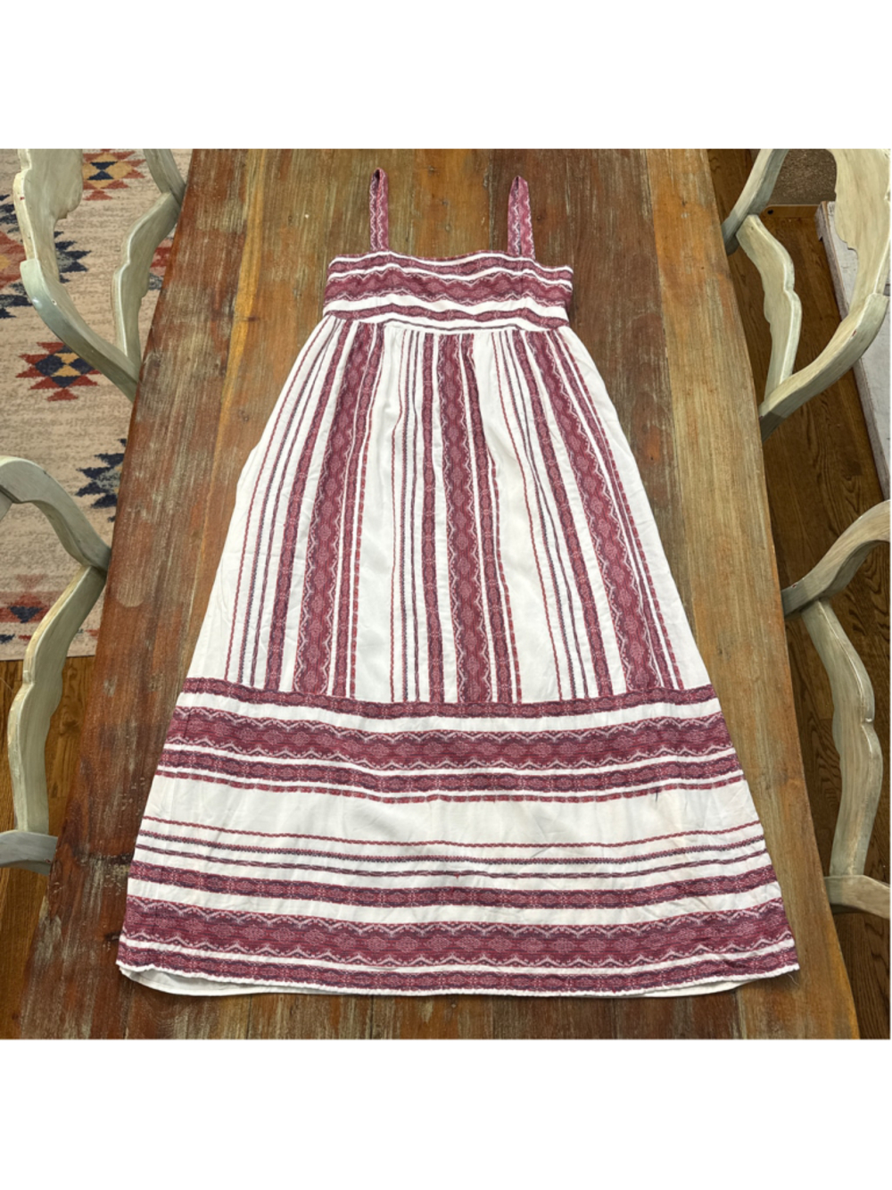 Maggy London Womens Size 6 Maxi Dress White Burgundy Stripe Embroidered Sundress